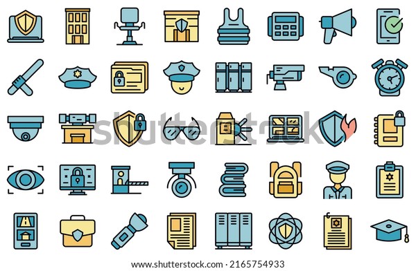 School security guard\
icons set outline vector. School cctv. Education yard thin line\
color flat on white