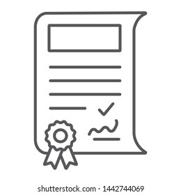 School sertificate thin line icon, achievement and award, diploma sign, vector graphics, a linear pattern on a white background, eps 10.