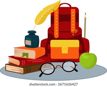 Schulset Rucksack Tintenfass mit Stift zum Schreiben von Apfelbüchern Brille Stil flach einzeln