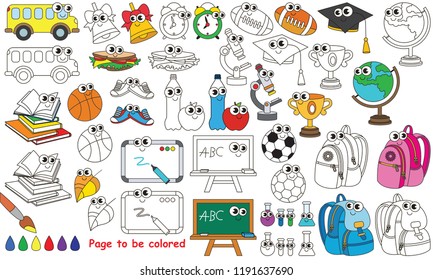 School set to be colored, the coloring book for preschool kids with easy educational gaming level.