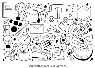 School set in the black cartoon design. Magical and whimsical design and set of different school themed accessories drawn with black lines. Vector illustration.