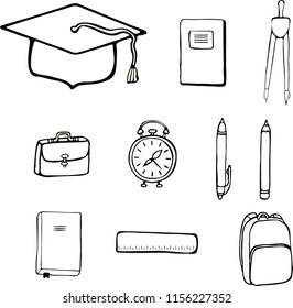 School set. Black and white. A square academic cap, textbook, notebook, compasses, briefcase, alarm clock, knapsack, pen, pencil, ruler. Drawing by hand.  Literacy day. Vector.