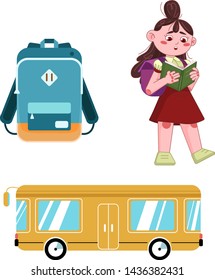 School set of bus, backpack and a girl with book