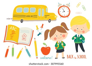 School set : characters and objects. Children in school uniforms with backpacks. School bus, school supplies. Education background. Flat style. Cartoon vector clip art illustration on white background