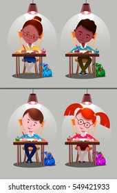 School Set. Children sitting on desk. Kids school vector. Boys, girls vector cartoon. Preschool illustration. Students kids