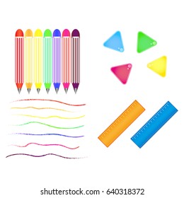 School set with colored pens or pencils, erasers and rulers. 