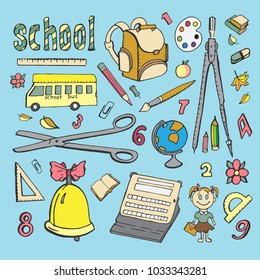 School. Set of colored sketch doodles in children's style 