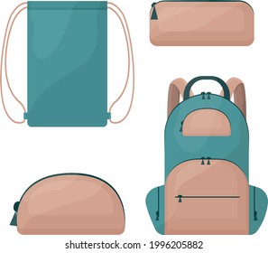 A school set consisting of school bags, such as a backpack, a rectangular and round pencil case for pens and pencils, and a shoe bag. Vector illustration isolated on a white background