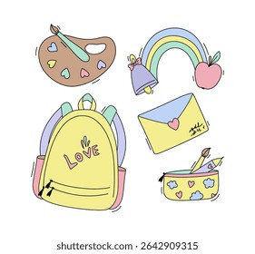 School set, cute school supplies, back to school. Hand drawn vector illustration in flat style