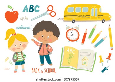 School set : funny hand drawn characters and objects. Children with backpacks. School bus, school supplies. Education background. Flat style. Cartoon vector clip art illustration on white background