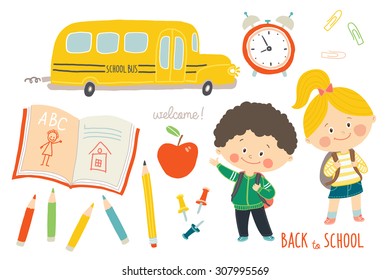 School set : funny hand drawn characters and objects. Children with backpacks. School bus, school supplies. Education background. Flat style. Cartoon vector clip art illustration on white background