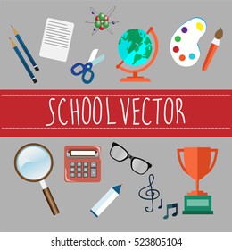 school set: globe, paint, pencil, glasses, calculator, scissors