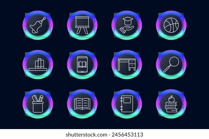 School set icon. School bell, blackboard, student cap, learning, school items, basketball, magnifying glass, loupe, desk, books, reading, diary, glassmorphism, school supplies. Education concept.