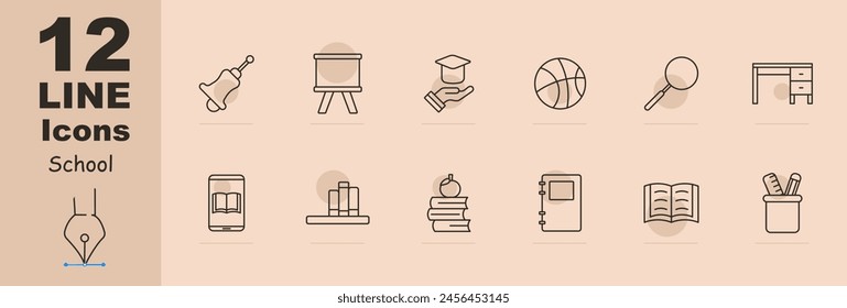 School set icon. School bell, blackboard, student cap, learning, school items, basketball, magnifying glass, loupe, desk, books, reading, diary, grades, school supplies. Education concept.