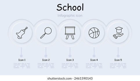 School set icon. School bell, blackboard, student cap, learning, school items, basketball, magnifying glass, loupe, desk, infographic, neomorphism, grades, school supplies. Education concept.