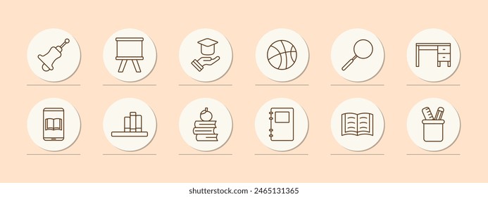 School set icon. School bell, blackboard, student cap, learning, school items, basketball, magnifying glass, loupe, desk, books, reading, diary, grades, school supplies. Education concept.