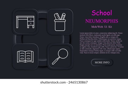 School set icon. School bell, form, student cap, learning, school items, ruler, kickstand, magnifying glass, loupe, desk, books, reading, diary, grades, school supplies. Education concept.