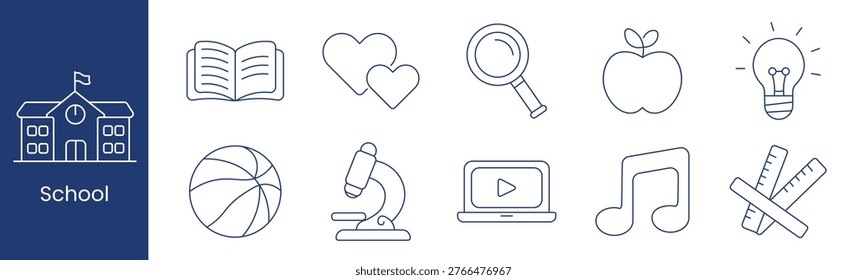 School set icon. Collection with open book, heart shapes, magnifier, apple, lightbulb, basketball, microscope, laptop video, music note, crossed rulers