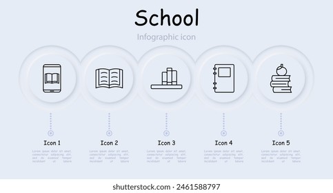 School set icon. Infographic, blackboard, neomorphism, learning, school items, electronic books, reading, diary, grades, school supplies. Education concept.