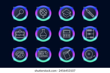 School set icon. Magnifying glass, globe, earth, student cap, pencil, abacus, calculator, example, task, board, bell, record, sign, back to school, brush, palette, glassmorphism. Education concept.