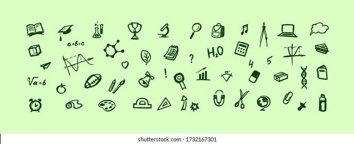 school set. school icons flat style. education, study isolate. book, globe, formula. university attributes