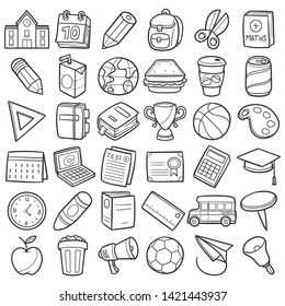 School Set Icons. Line Art Doodle Drawn Sketch. Hand Made Design Vector. 