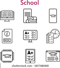 school set. included student-smartphone, chip, ereader, ebook, test, online-learning, doc, login icons. linear styles.