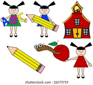 School set including school,children,pencil apple and more.Vector.