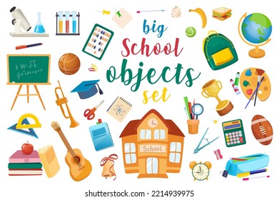 School set with isolated elements in flat cartoon design.