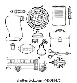 School set. Isolated on white background. Education symbols collections: bus, notebook, globe, diploma, briefcase, pear, scissors, paint, tree leaf, soccer ball, sharpener, pen,