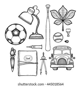 School set. Isolated on white background. Education symbols collections: soccer ball, lamp, bit bus, notebook, compass, pen, baseball, clip, color, leaf of the tree,