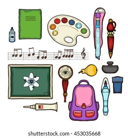 School set. Isolated on white background. Education symbols collections: backpack, school board, backpack, notebook, paint, magnifying glass, ink, pen, pear, stationery knife, notes, pen
