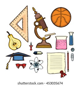 School set. Isolated on white background. Education symbols collections: basketball, ruler, pear, diploma, graduate hat, atom, button, pencil tag, bulb, bow, microscope