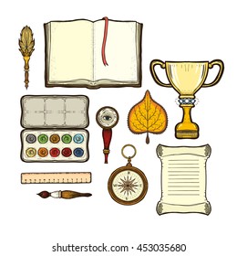 School set. Isolated on white background. Education symbols collections: cup, notebook, book, paint, sheet wood, compass, Brush, certificate, ruler, pen, ink