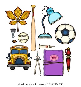 School set. Isolated on white background. Education symbols collections: soccer ball, lamp, bit bus, notebook, compass, pen, baseball, clip, color, leaf of the tree,