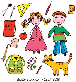 School set - kids and objects funny icons
