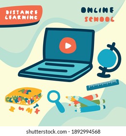 Schulset. Notebook, Globe, Bleistift, Lineal. Banner-Vorlage für Beiträge, Geschichte. Online-Lernen oder -Erziehung. Online-Schule oder Kindererziehung. Vorlage für Kurse oder Webinare.