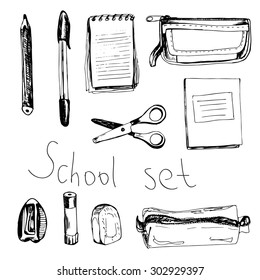 School set with notebooks, scissors, rubber, sharpener; eraser, pencil-box, pen and pencil