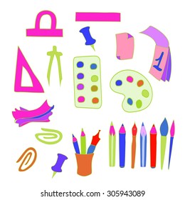School set of objects. Various colorful school subjects, vector illustration.