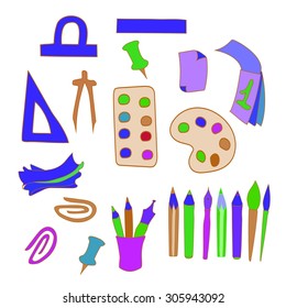 School set of objects. Various colorful school subjects, vector illustration.