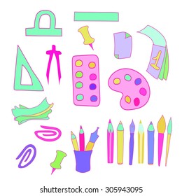 School set of objects. Various colorful school subjects, vector illustration.