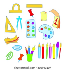 School set of objects. Various colorful school subjects, vector illustration.