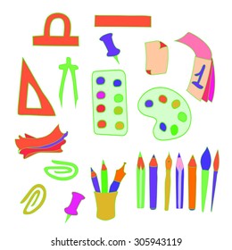School set of objects. Various colorful school subjects, vector illustration.