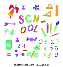 School set of objects. Various colorful school subjects, vector illustration.