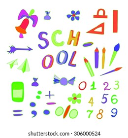 School set of objects. Various colorful school subjects, vector illustration.
