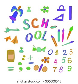 School set of objects. Various colorful school subjects, vector illustration.