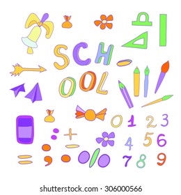 School set of objects. Various colorful school subjects, vector illustration.