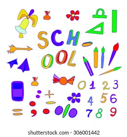 School set of objects. Various colorful school subjects, vector illustration.
