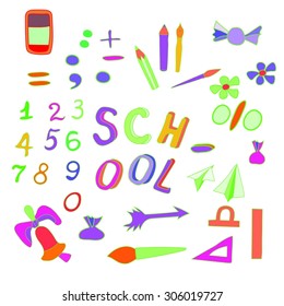 School set of objects. Various colorful school subjects, vector illustration.