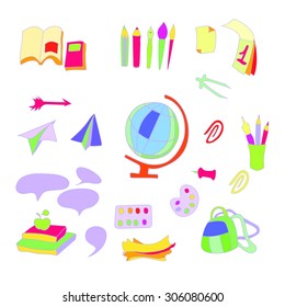 School set of objects. Various colorful school subjects, vector illustration.